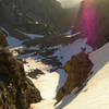 Looking down the couloir from eye level with the top of the cliff band.