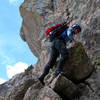  Nancy Bell on one of the trickier sections of the East Ridge route, Hallett Peak.