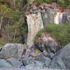 Launch Toast climbs the prominent left arete of the North Rocks.