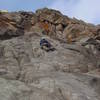 On the steeper crux section. Gorgeous (to look at but not climb) lichen above.<br>
<br>
Photo by Paul Rezucha.