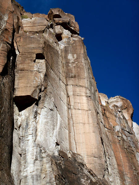 The spectacular second pitch corner.  Bolted anchors can be seen at bottom and top of second pitch.