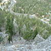 Looking down from the start of the route at the valley floor and approach trail.