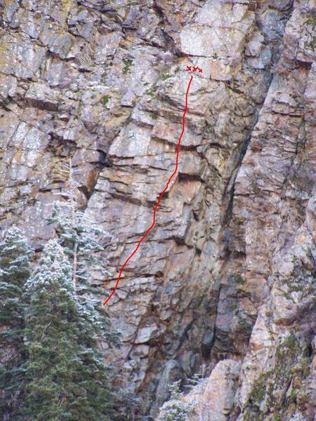 The red line is a pretty good guideline for where the bolts and natural gear placements are.
