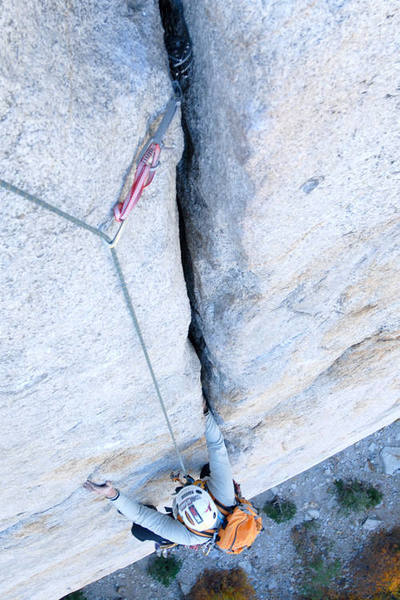 Mark Patterson nears the anchor atop Pitch 3.  The pitch ends with fifty feet of offwidth-ish crack climbing (4-inches wide).  Extra 3.5-4 inch gear allows this section to feel nice and cozy.