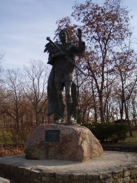 Not the best picture of Chief Red Bird, but his statue in silhouette nonetheless...