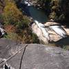 A view from the top of Tallulah Gorge, looking down on the river and falls several hundred feet below.