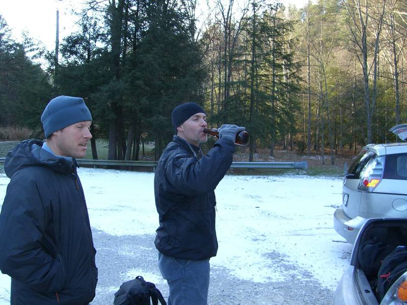 8 am, 23 degrees outside on 12/10/2006, trying to stay warm at the Roadside Crag parking lot while waiting for climbs to come into the sun...