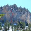 Left side of the Imagination Wall, Mt. Charleston. Red line is Learning to Fly 5.10d, yellow is unknown 5.8.