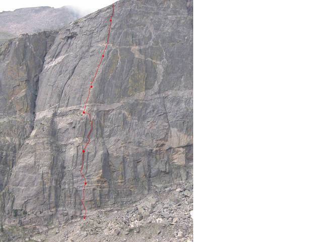 Same photo by Paddy McCarthy, but as mentioned, without the yellow line.  When comparing the two, it's pretty easy to see where this climb is.  The right-facing corner which takes you to the big terrace at mid-height on the wall is worthy.