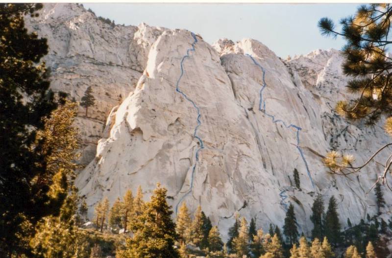 Whitney Portal Buttress, with the routes Sartoris (5.10b/c R) and Clouds (5.10d/A1) penciled in ©