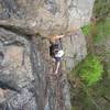 Mikko leading "Relection of Fall", 5.9+<br>
on the Merimere face of East Peak