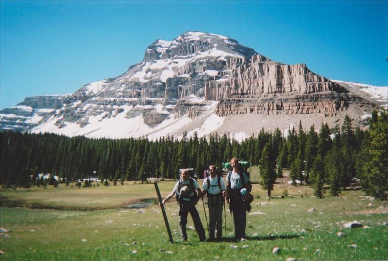Ostler Peak from Ostler Meadow.  My dad and brothers on an Independence Day backpacking trip.