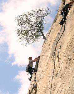 Justin cruises through the last of the business on Razorworm, 5.8, at T-Wall, December 2006. His neighbor is finishing Cakewalk, 5.10a.