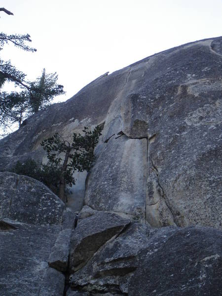 Pitch one of Flakes Of Wrath (5.10c/d R).  Crack coming up from the tree is Johnny Quest.