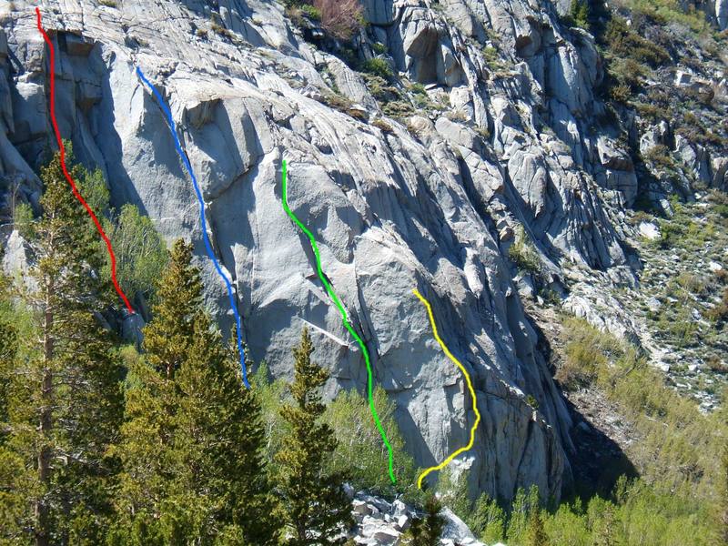 Wild Rose Buttress near South Lake, above Bishop. Red is Thin Man, blue is Wild Rose, green is Bob-bob-a-ramp, yellow is Over & Out.