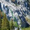 Wild Rose Buttress near South Lake, above Bishop. Red is Thin Man, blue is Wild Rose, green is Bob-bob-a-ramp, yellow is Over & Out.