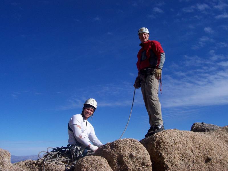 joe K. and joe J. at the top of the route on a beautiful winter day 