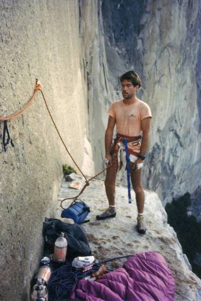 O.K., I was a little tired & dehydrated - but I just closed my eyes for a second - honest! This is me waking up & getting ready to lead off of El Cap Tower - September 1986.