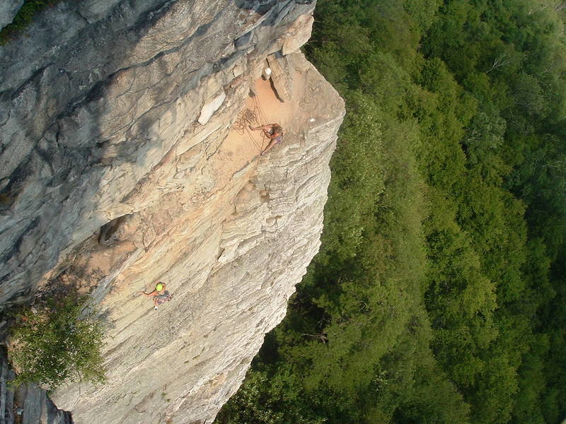 Looking Down on the GT Ledge.  Climbers on High E.  Photo taken from Modern Times.