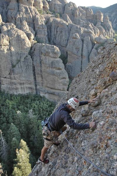 Jared Nielson on the first pitch. Some might say the first pitch is a little runnout, but since I did the first ascent ground-up, solo in mountaineering boots placing bolts along the way, I think you'll be just fine.