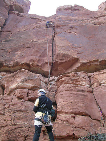 A picture of me belaying Ben on pitch one taken with a time-lapse function on a coolpix 5400.