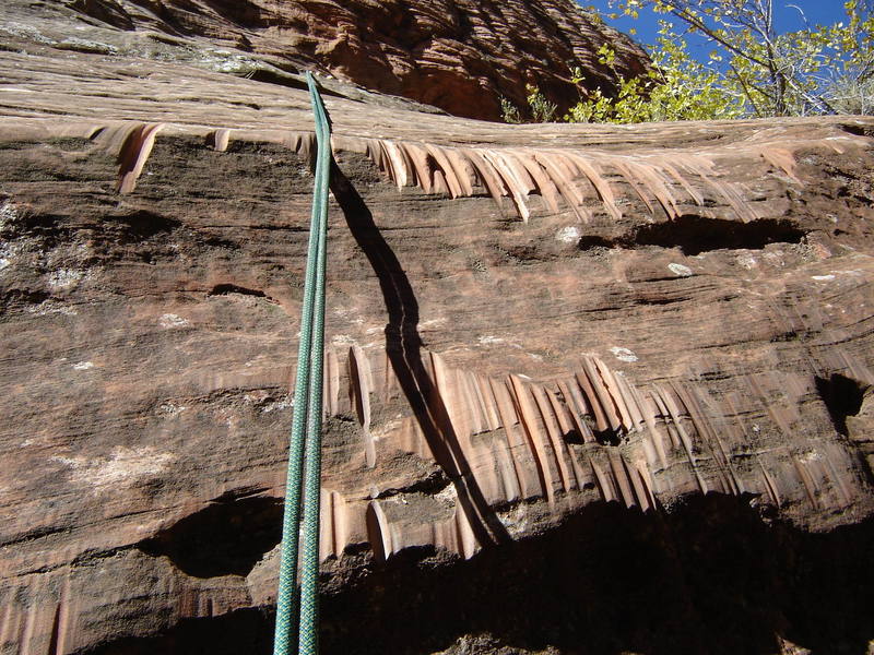 Sandstone erosion caused by wet ropes in Behunin Canyon.