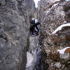 Chimneying/ice climbing in the beginning of pitch 5.