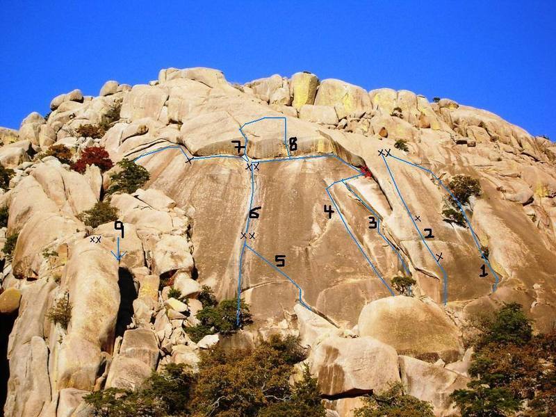 Elk Slab as seen from the south.  Routes shown are: Tree route (1), Nike Route (2), The Dihedral (3), Great Expectation (4), Arching Crack (5), Water Streak (6), Buns Up (7), Big Leap (8), The Eliminator (9).