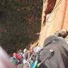 Amanda Pennington Jugging pitch seven of Moonlight Buttress. 