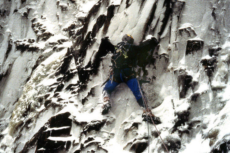 Traverse into crux at the beginning of the second pitch.  Photo by Paul Crowder, 1989.