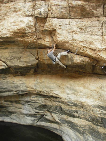 EFR, sets up for the crux moves on the F.A.<br>
Photo Sharon Legg 