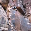 Past the crux traverse on Magellanic Cloud and facing annoying rope drag.  Photo by AJ Burch.