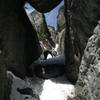 Feb '07. Simulclimbing the snowy middle section. The views up through this slot are way cool.