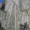 La Selva wall.  The route on the ride side of the pavilion is Space Boyz (11 pitches, 5.10d).  On the left is Yankee Clipper (13 or 15 pitches, 5.10b or 5.12a).