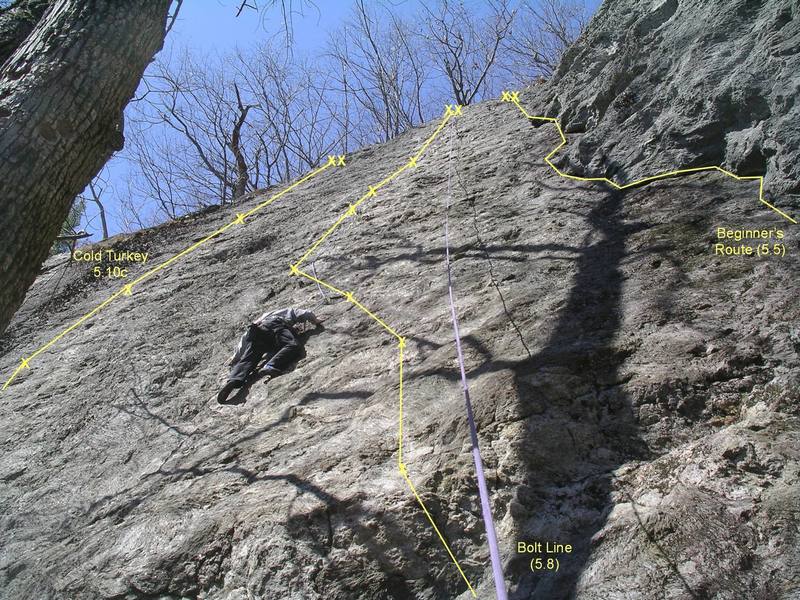 Bolt Line (5.8, center), Cold Turkey (5.10c, left), Beginner's Route (5.5, right).