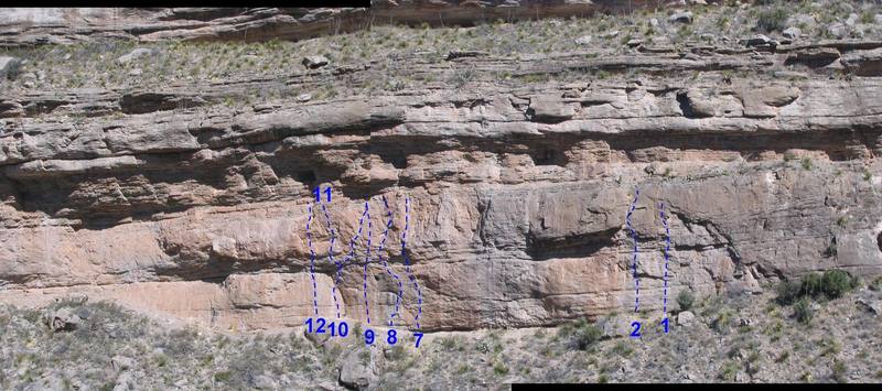 Overview of the Sunny Side (Right End) with routes marked.  I haven't marked some routes simply because I'm not sure where they go, and I prefer not to guess.