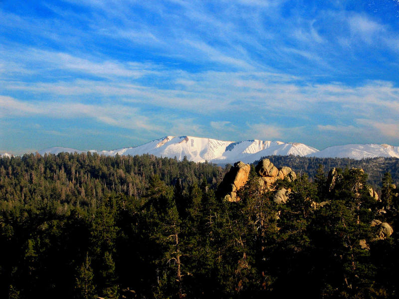 Holcomb Valley Pinnacles on a beautiful spring day with San Gorgonio in the background.