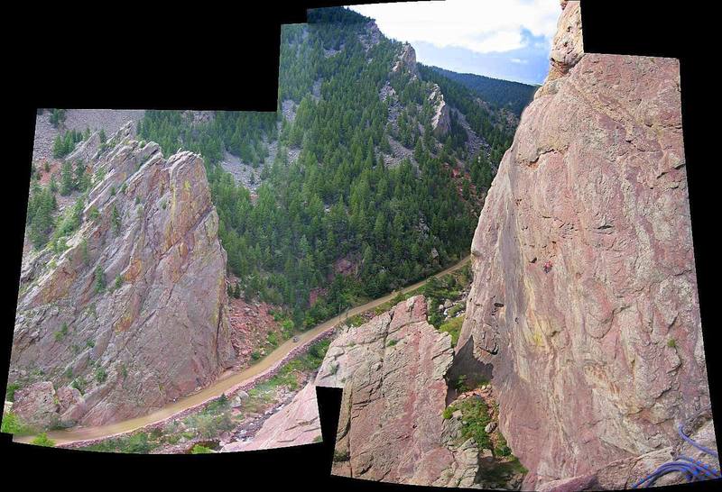 L->R The Bastille, Whale's Tail (backside), and the South Buttress of Redgarden Wall, as seen from the Wind Tower. Climbers can be seen on [[105748804]].