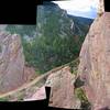 L->R The Bastille, Whale's Tail (backside), and the South Buttress of Redgarden Wall, as seen from the Wind Tower. Climbers can be seen on [[105748804]].