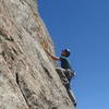 Thin 5.10 edging on the first pitch.<br>
<br>
Photo by Mike Amato.