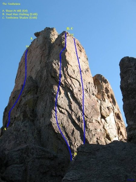 Tombstone Shadow (5.10a) climbs the smooth, sunlit face in the photo.