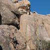 Just below the crux on Deer Lick (5.10a), Holcomb Valley Pinnacles