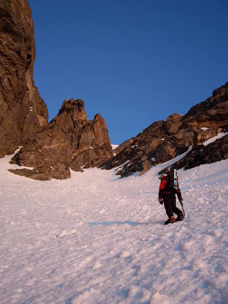 Sunrise on Dragon's Tail couloir, about halfway up.  3/17/07.  