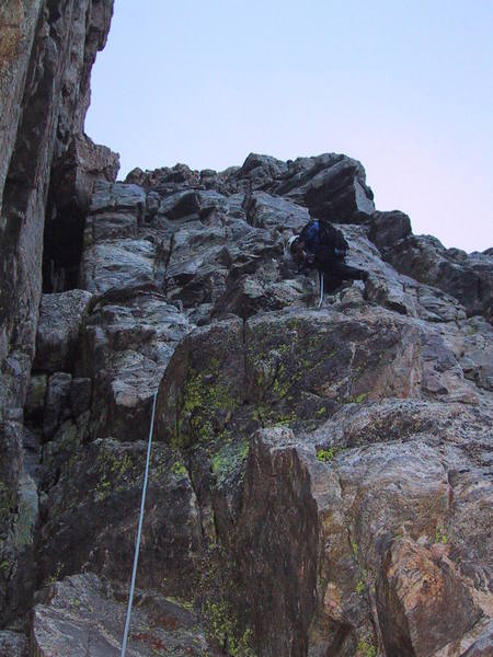 The first pitch, where you can either follow the chimney on the left, or climb the face of the right as Warren is doing.