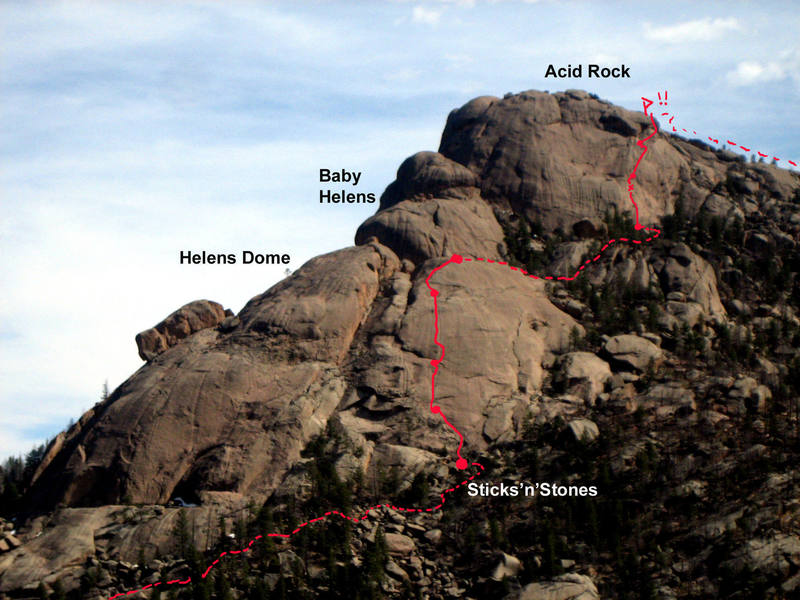 Basic Topo of Sticks'n'Stones. First half climbs Helens', second half climbs Acid.