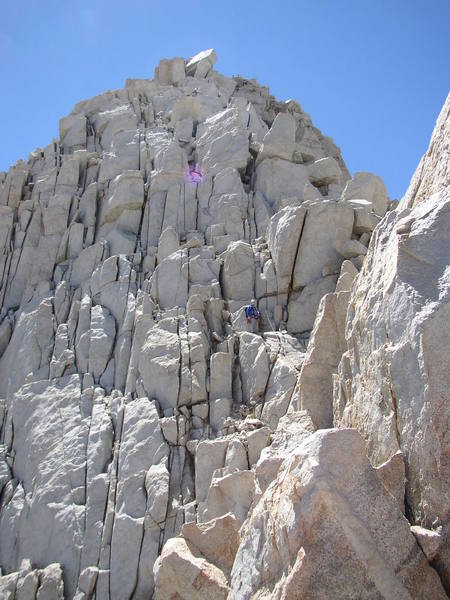 A view of the summit. There are many options here, but good route finding is needed to keep it 5.7. Many 5.8- 5.10 alternates...