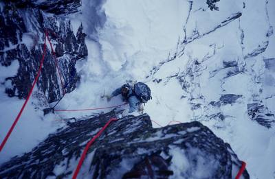 First ascent of "Lost in the Woods," Hallett Peak.
<br>

<br>
Climber: Olaf Mitchell.
<br>

<br>
Photo: Bruce Sposi.