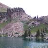 view of Cecret Lake & unknown formations (there has gotta be climbing up there)