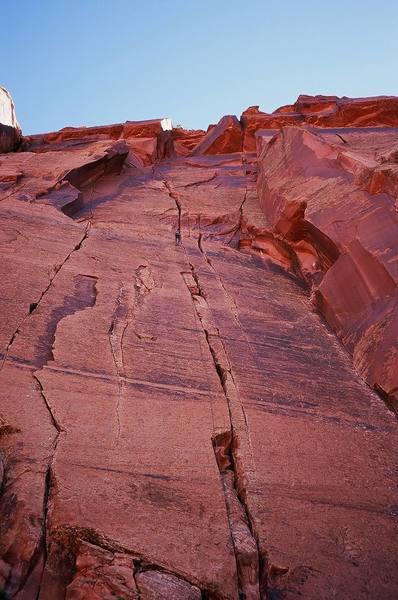 Mike Morley at the Top of the long and varried Route, "Mouse Meat" at the 2nd Meat wall, at Indian Creek. Photo by Tony Bubb, 3/2007.