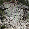 New toprope anchors on the Boulderado, at the top of Jam It, Ho Hum, Idle Hands, and Mons.  Red dots show access to anchors.<br>
<br>
Be very careful if you are at the top of this cliff and are not anchored in.<br>
<br>
Please toprope through your own gear, and not directly through the anchor rings.<br>
<br>
Photo by Richard Rossiter.